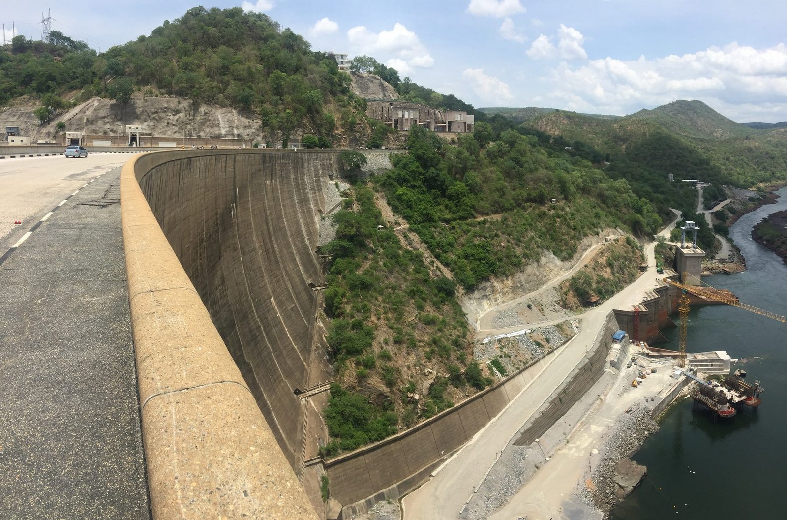 The Kariba Dam wall on the Zambezi, seen along its crest with the river gorge below